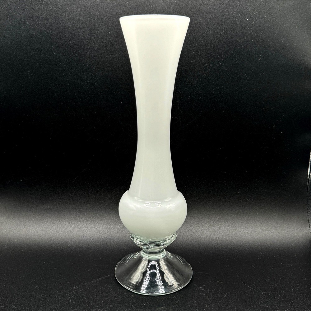 Vintage White Opaline Cased Art Glass Bud Vase Clear Foot Hand Blown MCM 9"